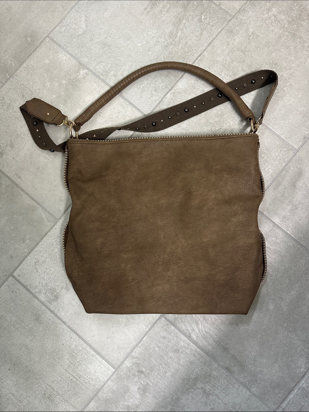 Steven By Steve Madden Brown Textured Shoulder Tote with Studded Strap